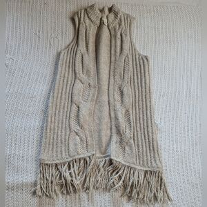 Chicos Sweater Vest Duster Beige Knit Cable Knit Fringe Women Size 1 Medium